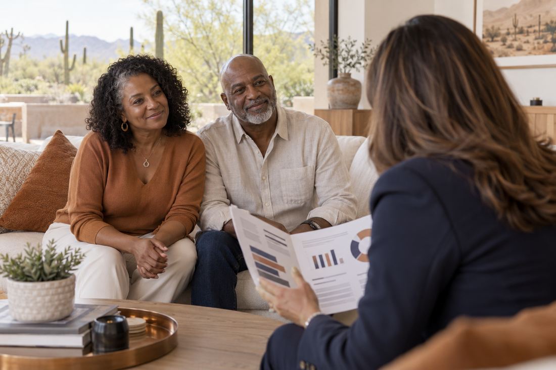 A seller couple listening to an agent present a report